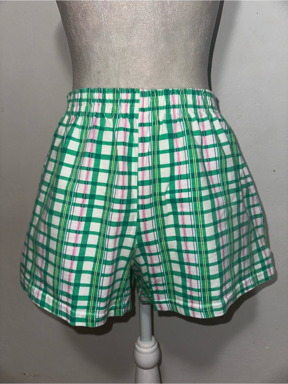 Green & Pink Plaid Cotton Athletic Shorts - Picture 4 of 7